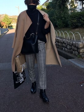「アイテム（ノーカラーコート、ベージュ系）」を使った、レオンさん（レディース・164cm）の秋コーディネート