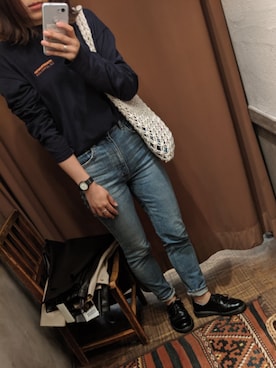 「MOUSSY（マウジー）のMVS SKINNY（デニムパンツ）」を使った、はるきちさん（レディース・152cm）の秋コーディネート
