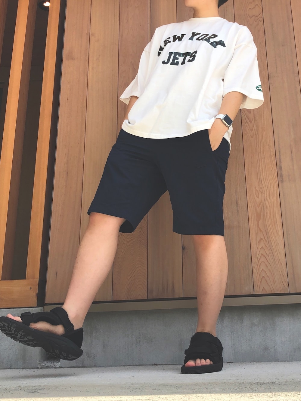 「MONKEY TIME、NIKE、UGGサンダル、Teva×UGG、ビッグシルエット、オーバーサイズ、低身長、低身長コーデ、休日スタイル、おしゃれさんと繋がりたい」｜「NIKEのアイテム（パンツ、ブラック系）」を使った、angen さん（メンズ・157cm）の夏コーディネートの1枚目の写真