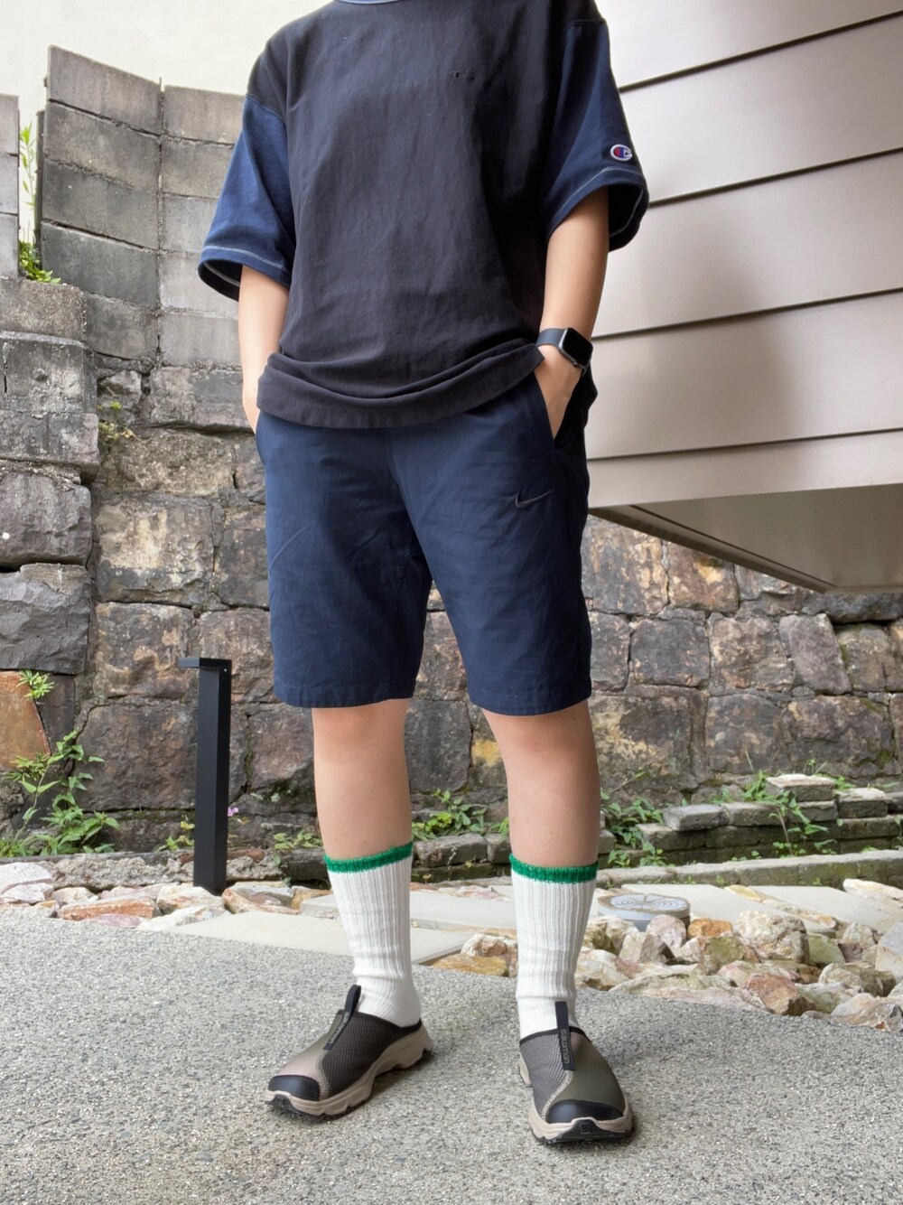 「シンプル、夏コーデ、休日スタイル、ラフ、ビッグシルエット、BEAMS、Champion、低身長コーデ、NIKE、いいね、save、フォローお願いします🤑」｜「NIKEのアイテム（パンツ、ブルー系）」を使った、angen さん（メンズ・157cm）の夏コーディネートの1枚目の写真