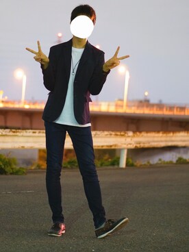 「CPCM（シーピーシーエム）のアイテム（ノーカラージャケット）」を使った、くぼってぃさん（メンズ・182cm）の秋コーディネート