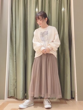 「earth music&ecology（アースミュージックアンドエコロジー）のチュールプリーツスカート＊（スカート）」を使った、yukariさん（レディース・151cm）の冬コーディネート