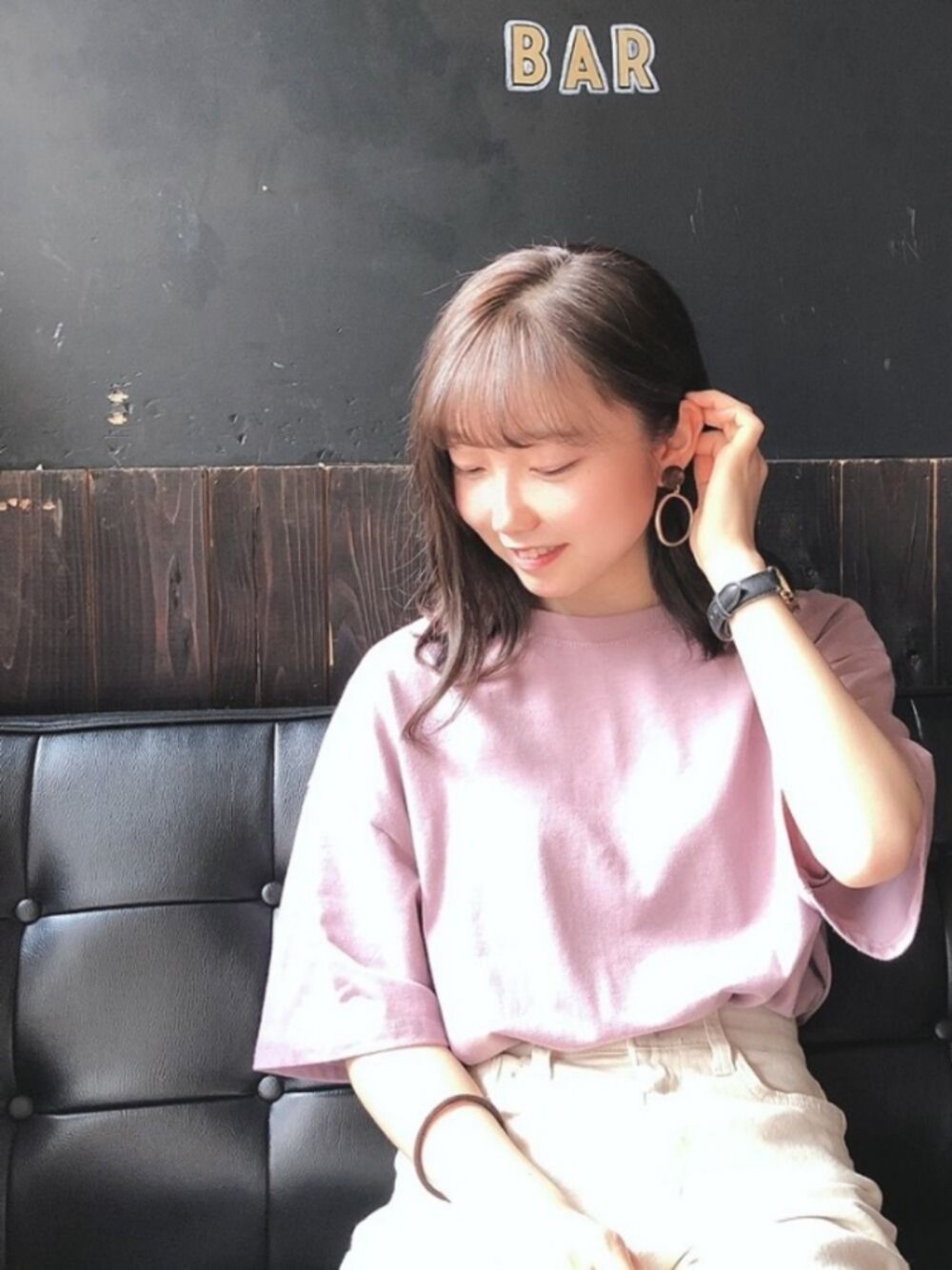 「dwstyle、dholic、韓国ブランド、パステルカラー、夏コーデ、ガーリーカジュアル、カラーTシャツ、オートミール、低身長、韓国ファッション」｜「dwstyleのアイテム（Tシャツ/カットソー、パープル系）」を使った、ゆゆさん（レディース・148cm）の夏コーディネートの1枚目の写真