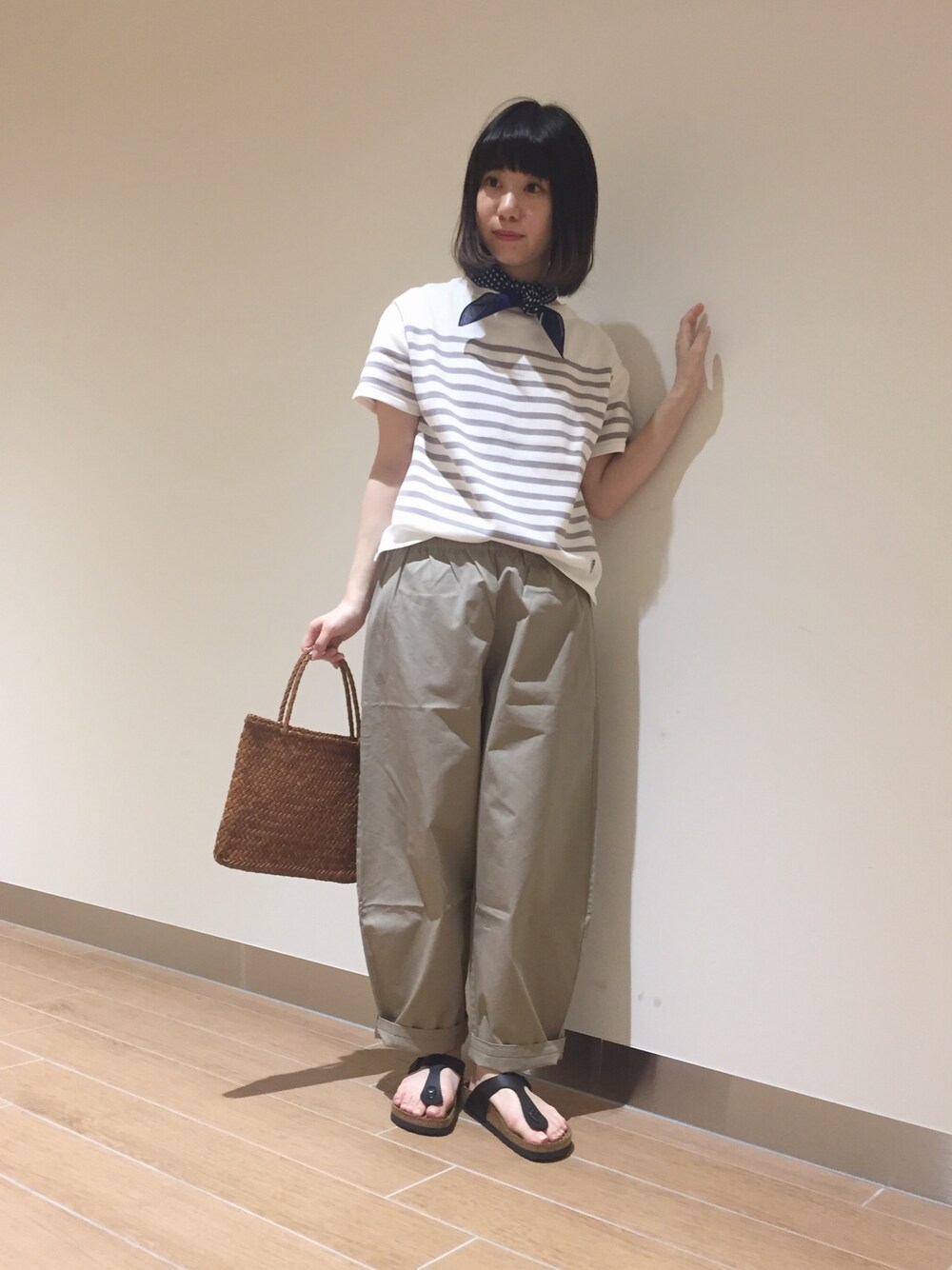 「大人カジュアル、birkenstock、orcival、ゆるコーデ」｜「ORCIVALの半袖 ルーズ サマーニット WOMEN（ニット/セーター、その他）」を使った、モリヤさん（レディース・157cm）の春コーディネートの1枚目の写真