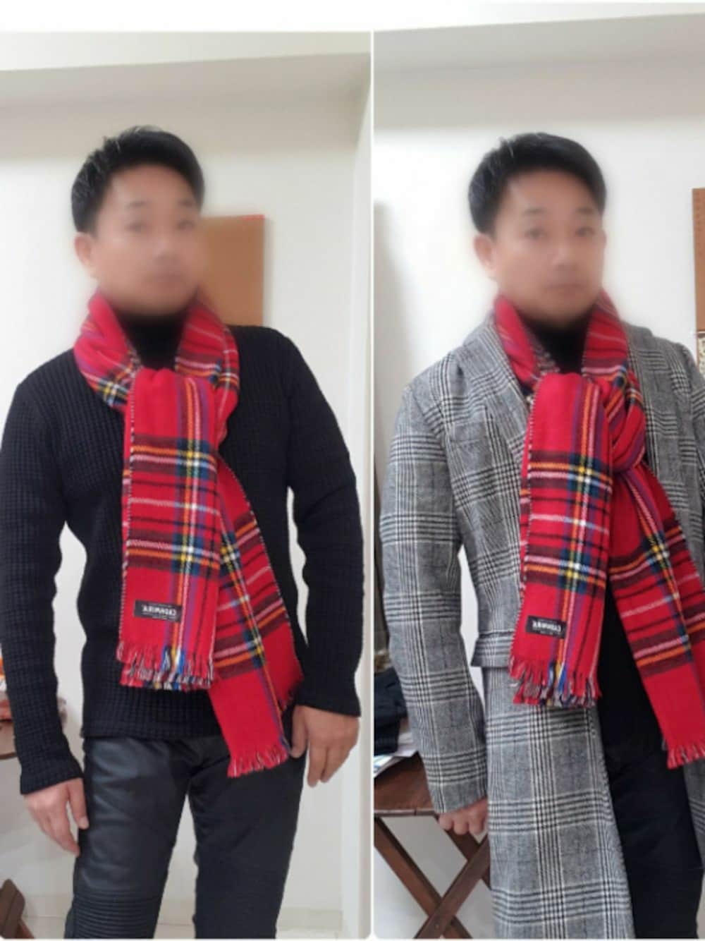 ブラック系のパンツ、ブラック系のTシャツ/カットソー、グレー系のチェスターコートを着用したメンズの冬コーディネートの1枚目の写真