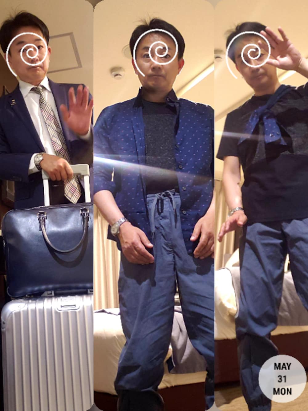 「スーツスタイル、BURBERRY BLACK LABEL、スーツケース、RIMOWA、はるコーデ、BANANA REPUBLIC、くすみブルー、おしゃれさんと繋がりたい、いいね、save、フォローお願いします🤑」｜「BURBERRY BLACK LABELのアイテム（フォーマルスーツ/小物、ブルー系）」を使った、@くうすけ🍀さん（メンズ・168cm）の春コーディネートの1枚目の写真