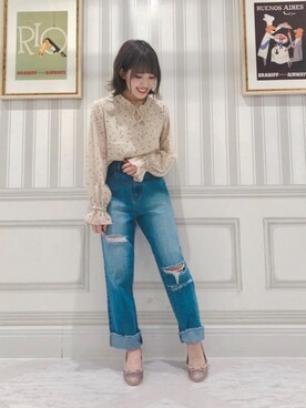 「MAJESTIC LEGON（マジェスティックレゴン）のタイニーハートブラウス（シャツ/ブラウス）」を使った、マジェスティックレゴンルミネ池袋店スタッフさん（レディース・147cm）の春コーディネート