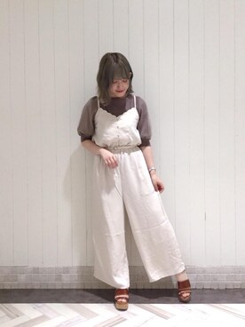 「カフェ」｜「アイテム（オールインワン・サロペット）」を使った、マジェスティックレゴンルミネ池袋店スタッフさん（レディース・147cm）の夏コーディネート