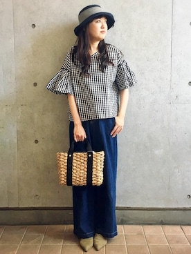 「ミニトート」｜「アイテム（帽子）」を使った、LBC STAFFさん（レディース・158cm）の夏コーディネート