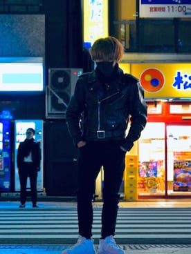 「no brand（ノーブランド）のアイテム（ライダースジャケット）」を使った、Gunji Yuhkiさん（メンズ・162cm）の秋コーディネート