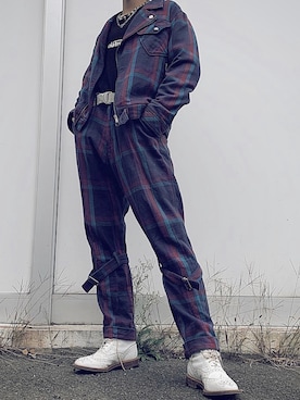 「MILKBOY（ミルクボーイ）のアイテム（パンツ、パープル系）」を使った、Joさん（メンズ・173cm）の秋コーディネート