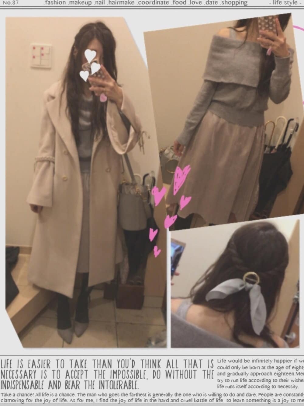 「バケツバッグ、ベルスリーブ、フレアスリーブ、メタリック、フラットシューズ、オフショル、グレー、プリーツスカート、イレギュラーヘム」｜「AS KNOW AS PINKYのグリッタープリーツＳＫ【スカート】（スカート、ピンク系）」を使った、こたつんさん（レディース・158cm）の春コーディネートの1枚目の写真