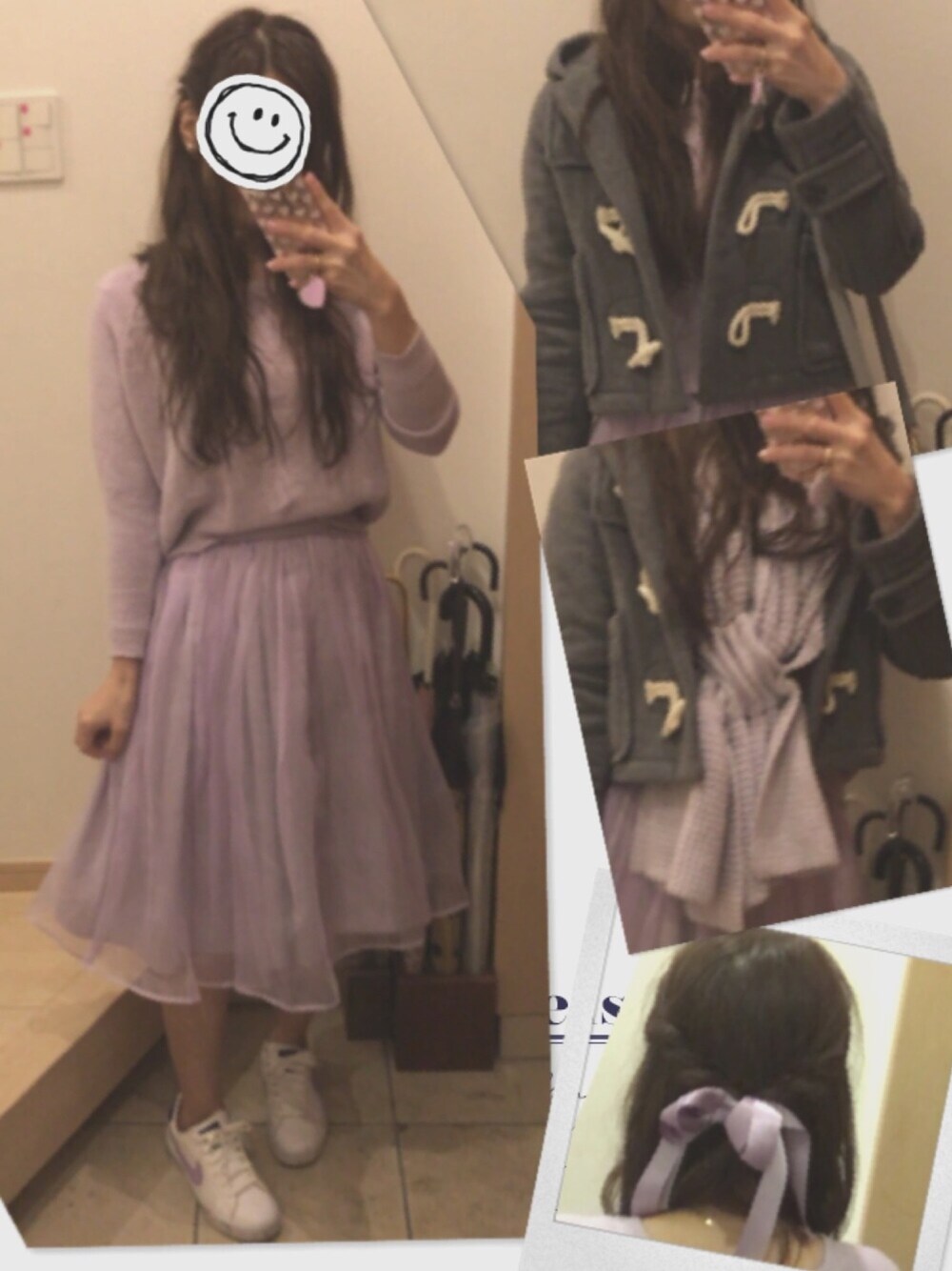 「春、スニーカー、チュールスカート、オーガンジー、オーガンジースカート、ガーリー、ダッフルコート、ナイキ、ナイキスニーカー、ワントーンコーデ」｜「MERCURYDUOの【BIJ】 14SSオーガンジーミドル丈SK（スカート、パープル系）」を使った、こたつんさん（レディース・158cm）の春コーディネートの1枚目の写真