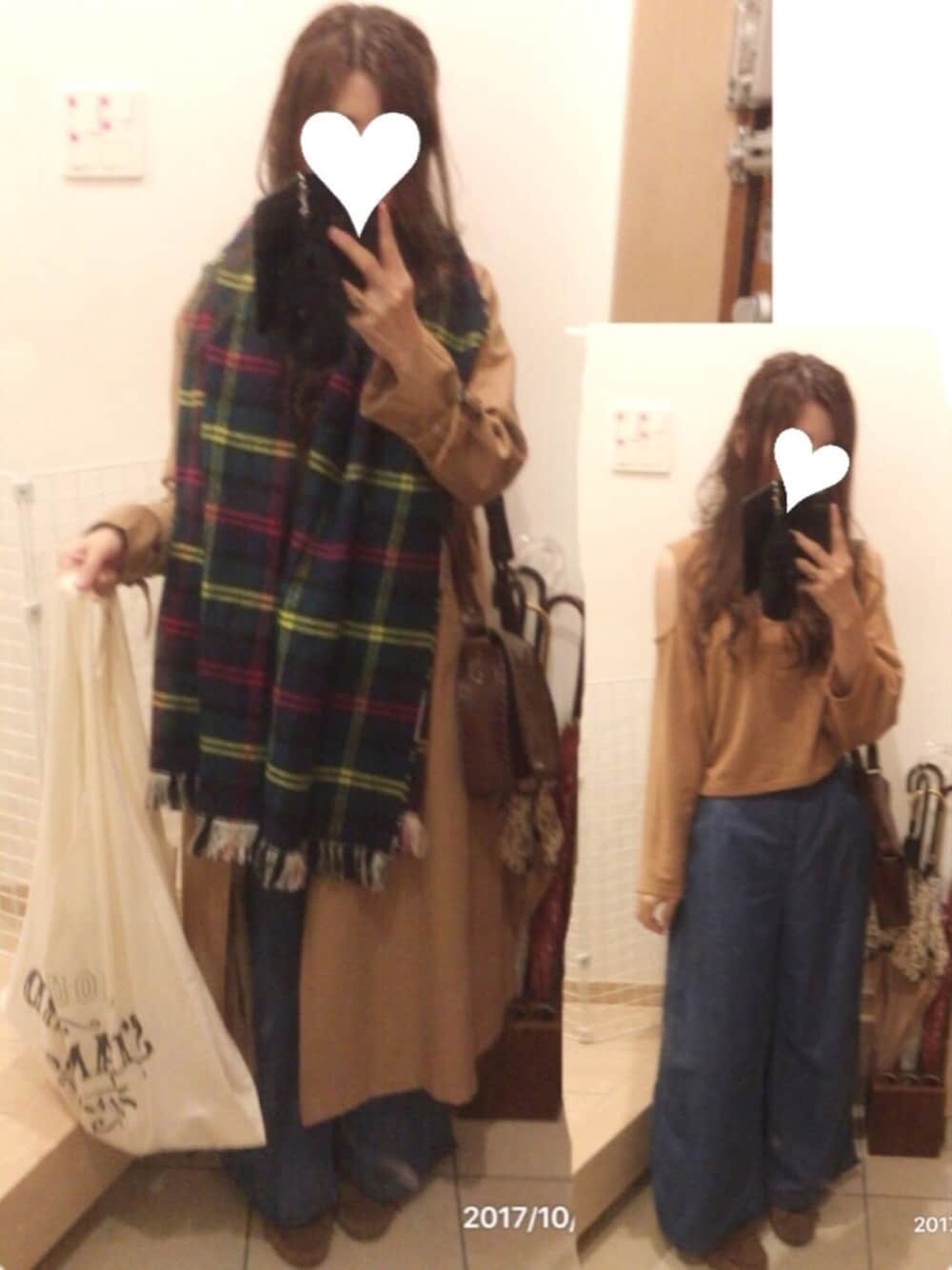 「秋コーデ、ストール、チェック、ロングトレンチコート、ワイドパンツ、デニムパンツ、オープンショルダー、モカシン、カジュアル、ラクチンコーデ」｜「MinnetonkaのMINNETONKA（ミネトンカ） / スエードモカシンシューズ KILTY SUEDE MOCCASINS（モカシン/デッキシューズ、ブラウン系）」を使った、こたつんさん（レディース・158cm）の秋コーディネートの1枚目の写真