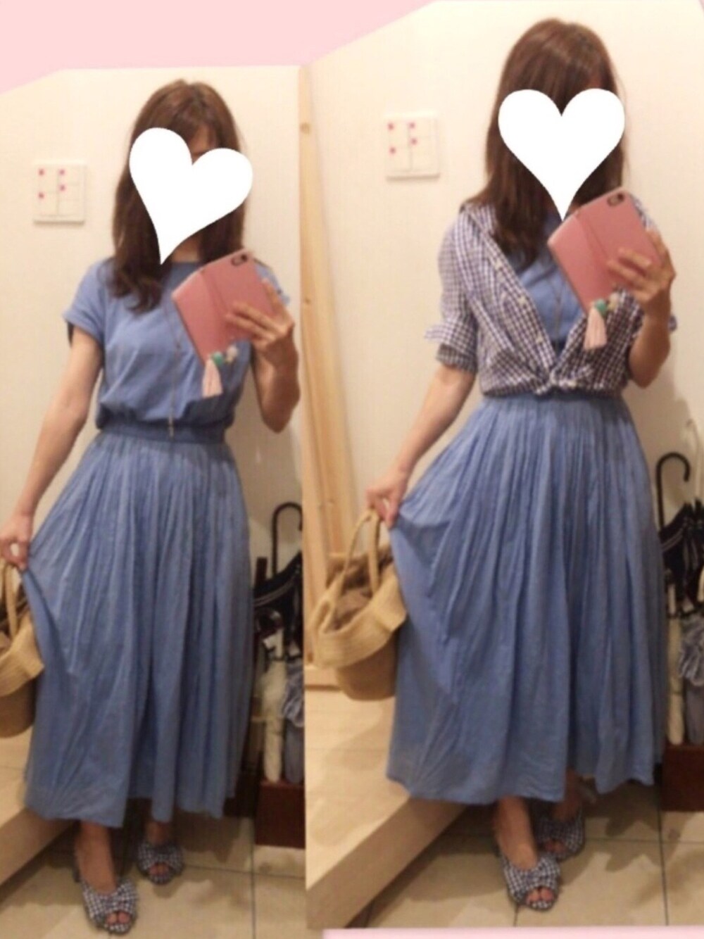 「大人カジュアル、ギンガムチェック、マキシ丈ワンピース、ギンガムチェックシャツ、ミュール、青、ブルー、夏コーデ、オトナガーリー」｜「ITS'DEMOのアイテム（ワンピース/ドレス、ブルー系）」を使った、こたつんさん（レディース・158cm）の夏コーディネートの1枚目の写真