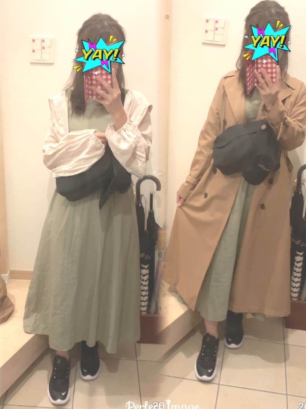 「カーキワンピース、ワンピース、フーディー、トレンチコート、スニーカー、きれいめカジュアル、カジュアルガーリー、バックコンシャス」｜「NIKEの[NIKE]ナイキ スニーカー（スニーカー、ブラック系）」を使った、こたつんさん（レディース・158cm）の春コーディネートの1枚目の写真