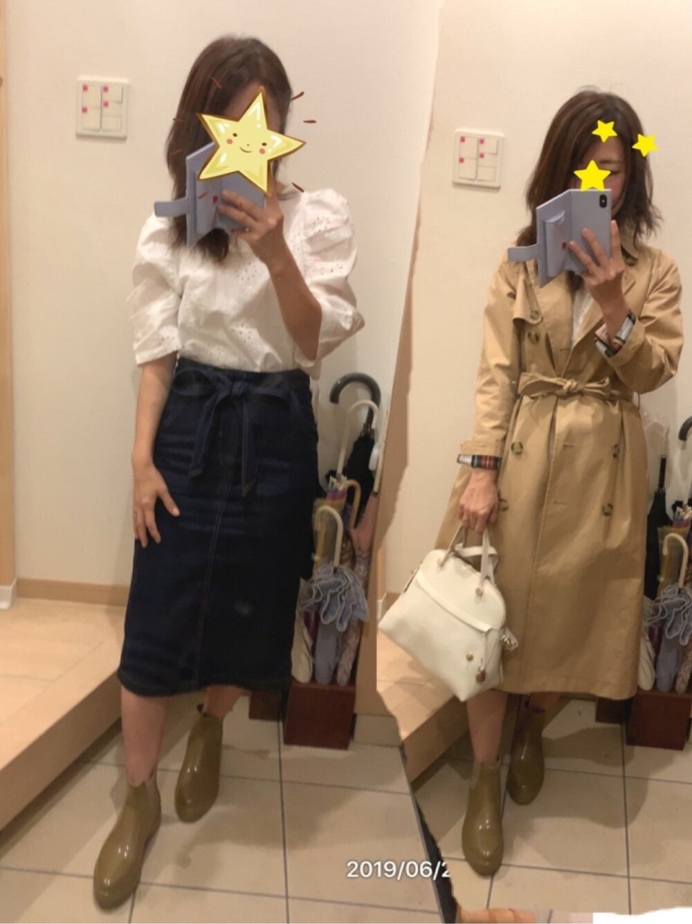 「大人カジュアル、トレンチコート、パワーショルダー、タイトスカート、デニムスカート、レインブーツ、レインシューズ」｜「FURLAのPIPER MINI  -ショルダーバッグ（ショルダーバッグ、ホワイト系）」を使った、こたつんさん（レディース・158cm）の夏コーディネートの1枚目の写真
