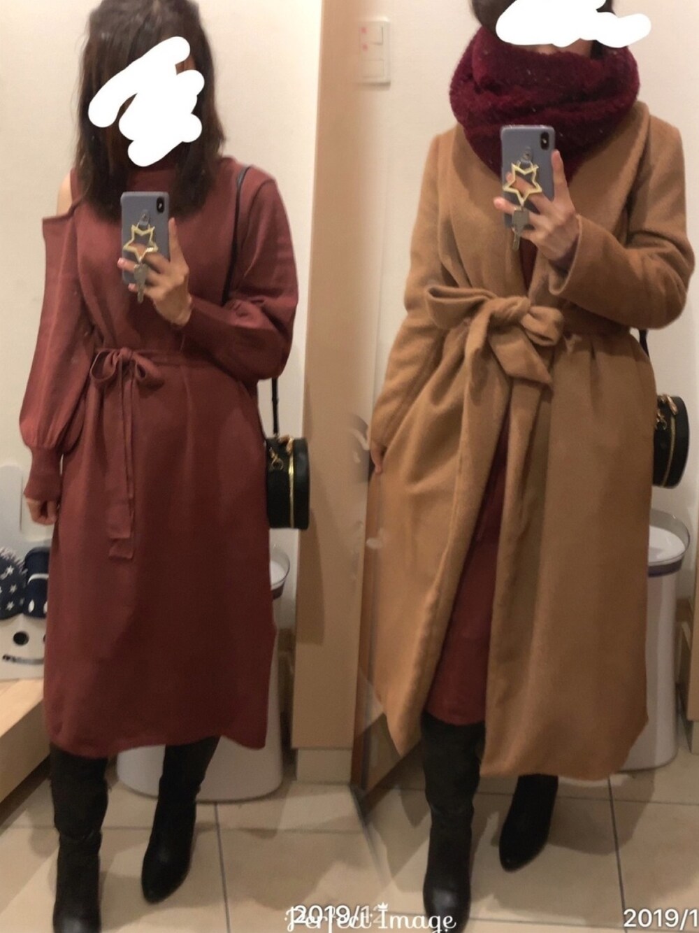 「ニーハイブーツ、ロングブーツ、ニットワンピース、ガウンコート、ロングコート、オープンショルダー、肩出し、スヌード、バーガンディー、丸バッグ」｜「GYDAのガウンロングコート（ジャケット/アウター、ブラウン系）」を使った、こたつんさん（レディース・158cm）の冬コーディネートの1枚目の写真