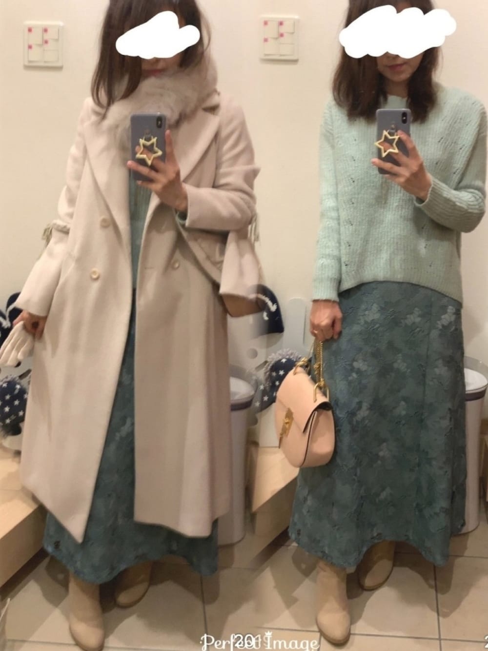 「レーススカート、レースワンピース、グリーン、エメラルドグリーン、ロングコート、マキシ丈ワンピース、ロングブーツ、ベージュ、パステルニット、ディナー」｜「Chloeのバッグ（ピンク）（ショルダーバッグ、ピンク系）」を使った、こたつんさん（レディース・158cm）の冬コーディネートの1枚目の写真