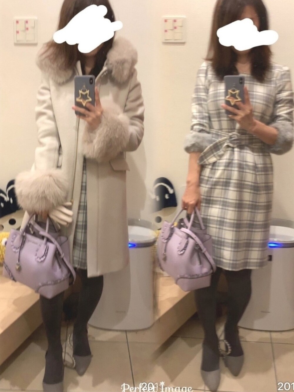 「チェック、チェックワンピース、キレイめ、ファーコート、ワンピース、タイトスカート、パンプス、フラットシューズ、グレー×ベージュ」｜「MICHAEL KORSのアイテム（バッグ、パープル系）」を使った、こたつんさん（レディース・158cm）の冬コーディネートの1枚目の写真