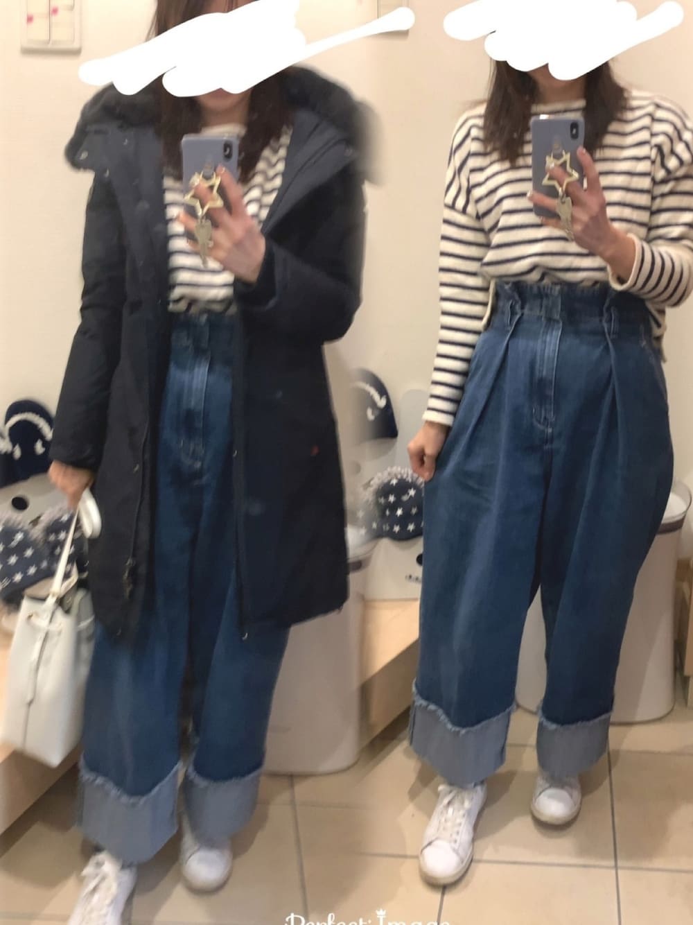 「ダウンコート、スニーカー、デニムパンツ、ボーダートップス、カジュアル、ブルー、ブルー x ホワイト、ワイドパンツ、ボーダーニット、ダウンジャケット」｜「adidas Originalsの【adidas Originals】STAN SMITH（スニーカー、ホワイト系）」を使った、こたつんさん（レディース・158cm）の冬コーディネートの1枚目の写真