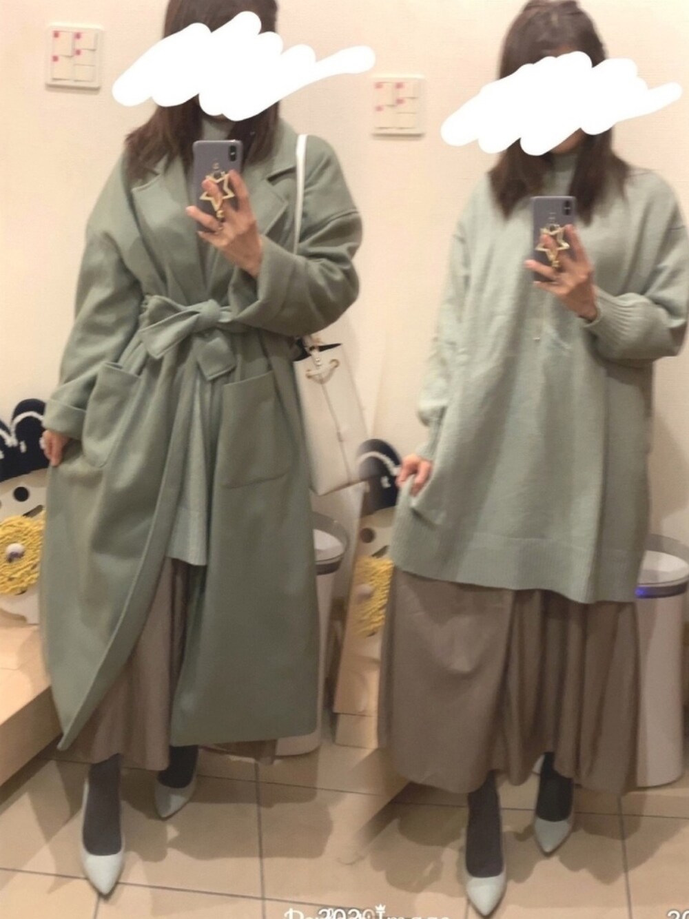 「ミントグリーン、パンプス、キャミワンピ、ガウンコート、ハイネック、ニット、ポインテッドトゥ、GU、プチプラ、プチプラコーデ」｜「KOBE LETTUCEのサイドスリットビッグシルエットチェスターコート（チェスターコート、グリーン系）」を使った、こたつんさん（レディース・158cm）の冬コーディネートの1枚目の写真