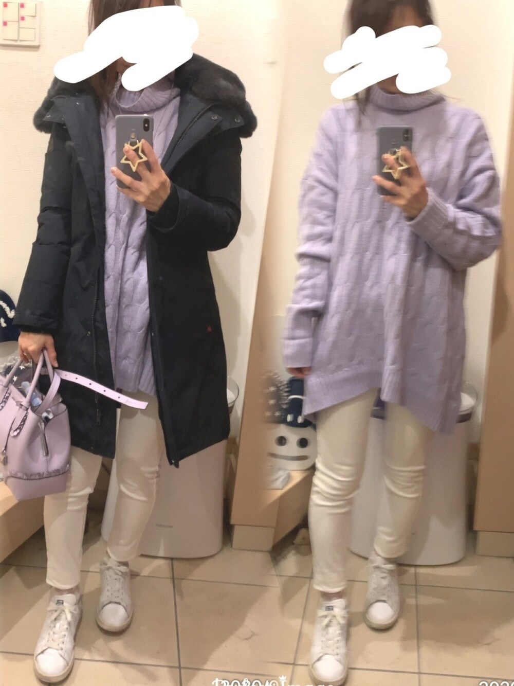 「カジュアル、ビッグシルエット、スニーカーコーデ、ニット、白スキニー、スキニー、ダウンコート、カジュアルコーデ、ラベンダー、ラベンダーニット」｜「adidas Originalsの【adidas Originals】STAN SMITH（スニーカー、ホワイト系）」を使った、こたつんさん（レディース・158cm）の冬コーディネートの1枚目の写真