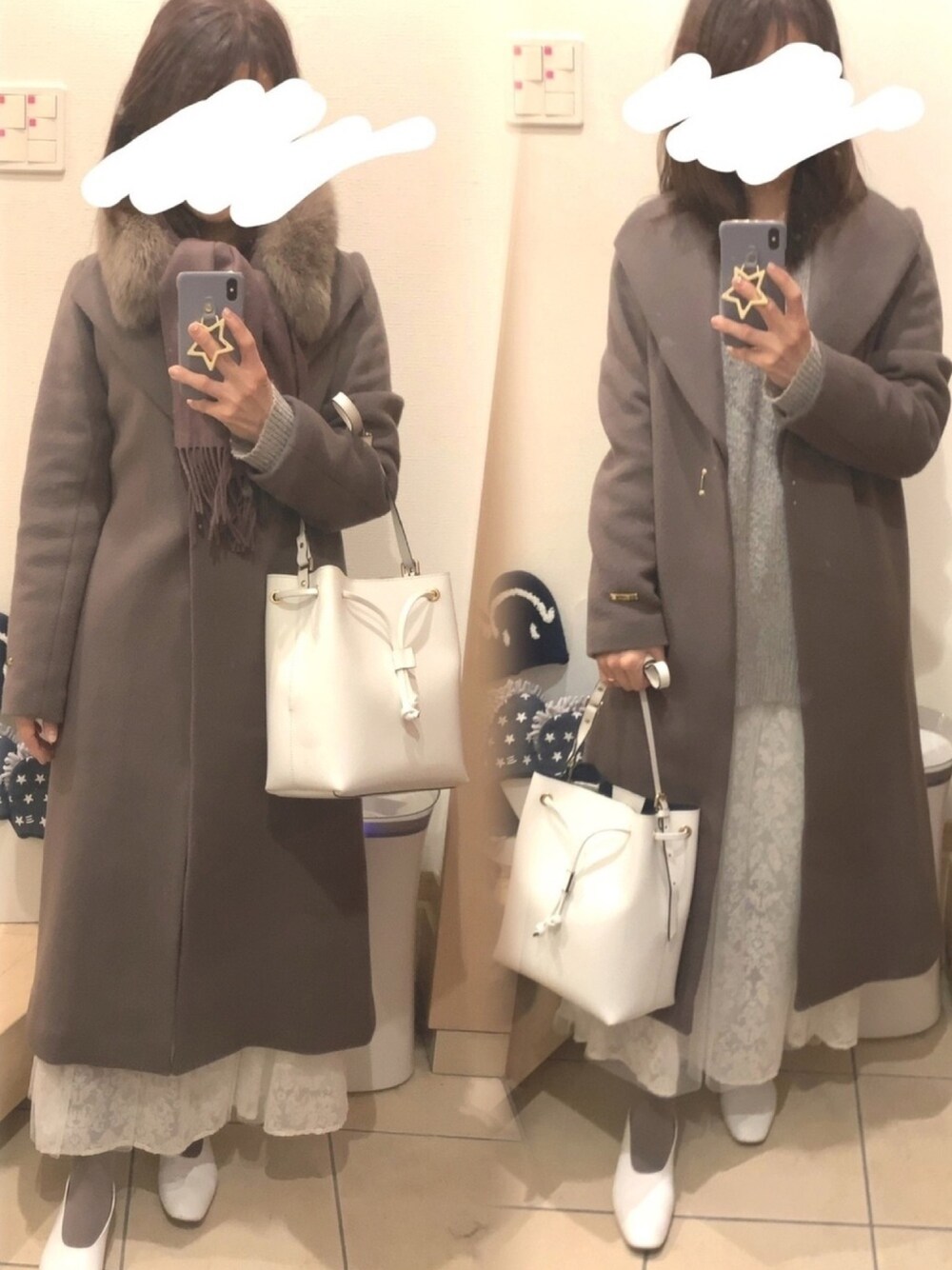 「レーススカート、白スカート、コート、ブラウン、三色コーデ、フラットパンプス」｜「GIANNI NOTAROの【GIANNI NOTARO】巾着バッグ（トートバッグ、ホワイト系）」を使った、こたつんさん（レディース・158cm）の冬コーディネートの1枚目の写真