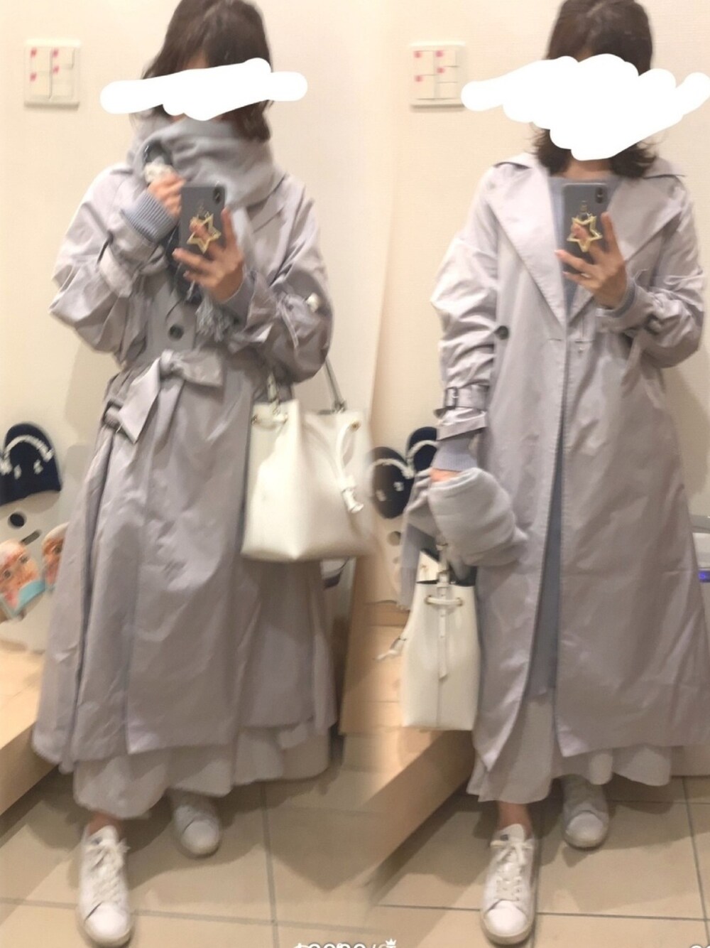 「トレンチコート、プリーツトレンチ、春コーデ、春色、ニットワンピース、マキシスカート、花柄スカート、スニーカー、パステルカラー、パステルブルー」｜「Chicoの2WAYバックプリーツトレンチコート（トレンチコート、グレー系）」を使った、こたつんさん（レディース・158cm）の冬コーディネートの1枚目の写真
