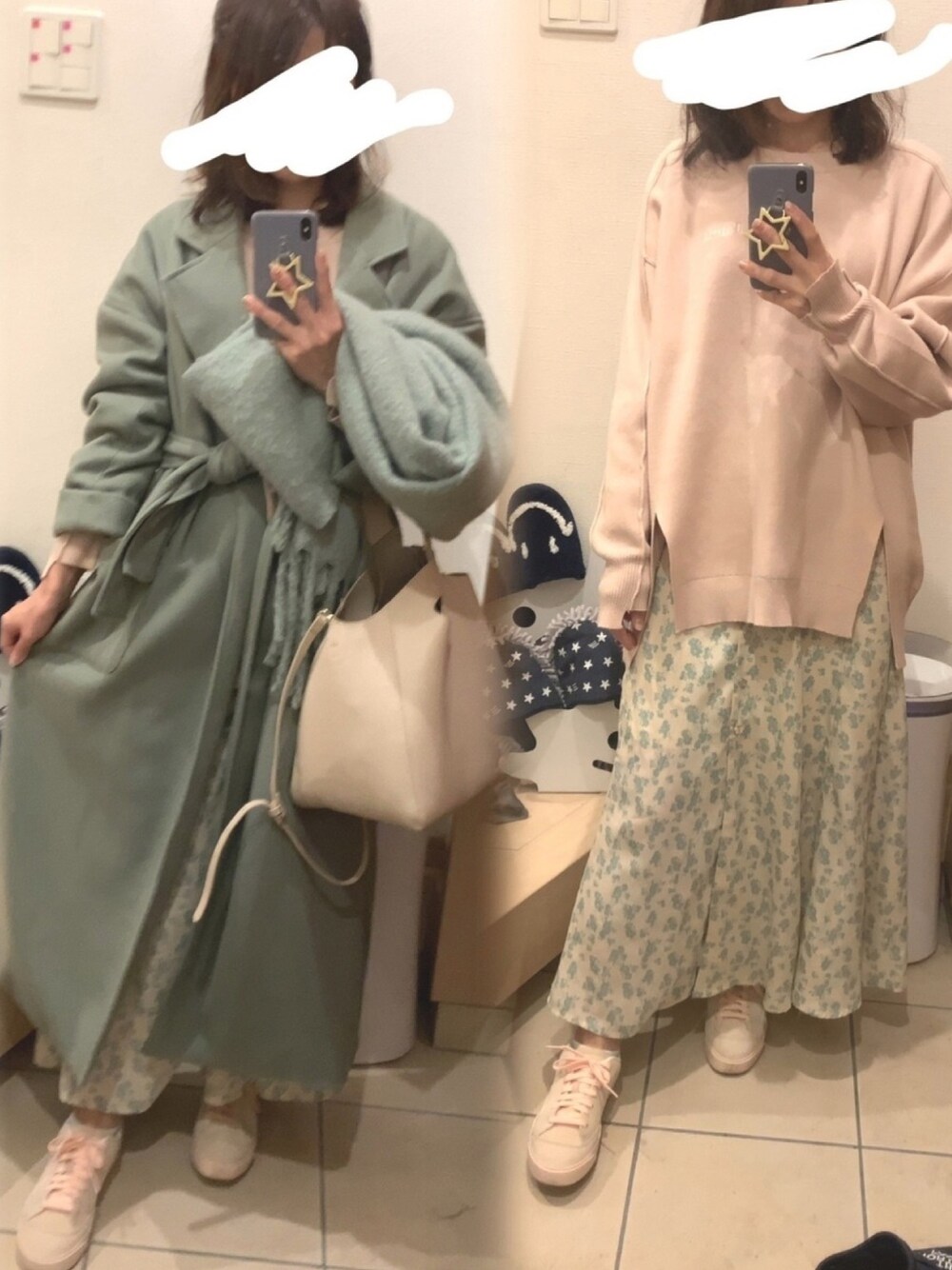 「花柄ワンピース、ピンクベージュ、ミントグリーン、トレンチコート、プリーツトレンチ、サイドプリーツ、ワンピース、ワンピース×スニーカー、カジュアルガーリー、春色」｜「Chicoの花柄ロングワンピース（ワンピース、ベージュ系）」を使った、こたつんさん（レディース・158cm）の冬コーディネートの1枚目の写真
