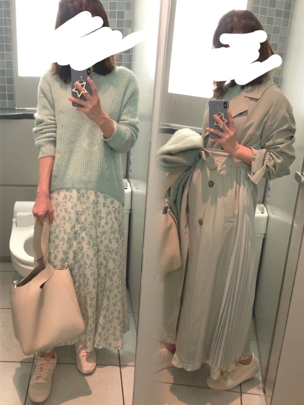 「春コーデ、春、ミントグリーン、花柄ワンピース、プリーツトレンチ、ピスタチオ、ロングワンピース、スニーカー、ワンピース×スニーカー、サイドプリーツ」｜「SMIRNASLI GEM,のアイテム（バッグ、ベージュ系）」を使った、こたつんさん（レディース・158cm）の春コーディネートの1枚目の写真