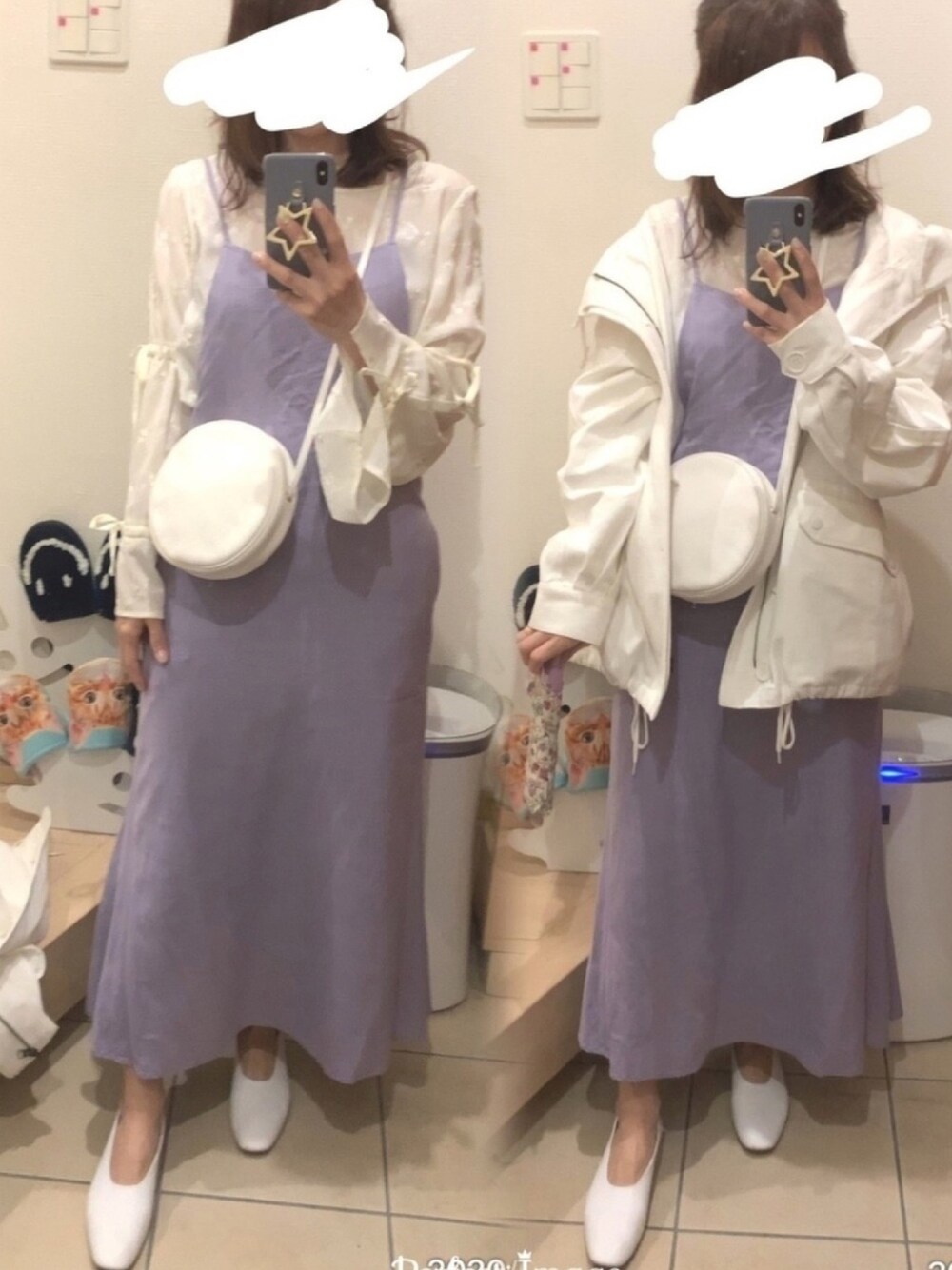 「春色、パステル映える春、キャミワンピ、透けトップス、透け感ブラウス、バレエシューズ、丸バッグ、白ジャケット、ラベンダー、春コーデ」｜「ODETTE E ODILEのOFC ソフト フラットシューズ20↓↑（パンプス、ホワイト系）」を使った、こたつんさん（レディース・158cm）の春コーディネートの1枚目の写真