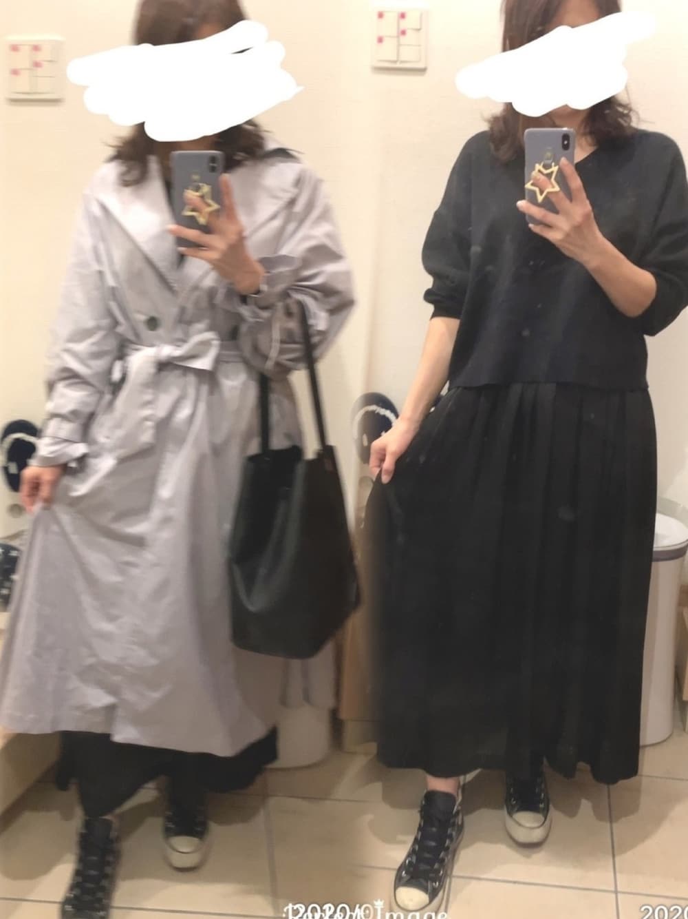 「トレンチコート、オールブラック、春アウター、コンバース、スニーカー、プリーツトレンチ、マキシスカート、コンバース ハイカット」｜「CONVERSEのCONVERSE / LEA ALL STAR HI（スニーカー、ブラック系）」を使った、こたつんさん（レディース・158cm）の春コーディネートの1枚目の写真