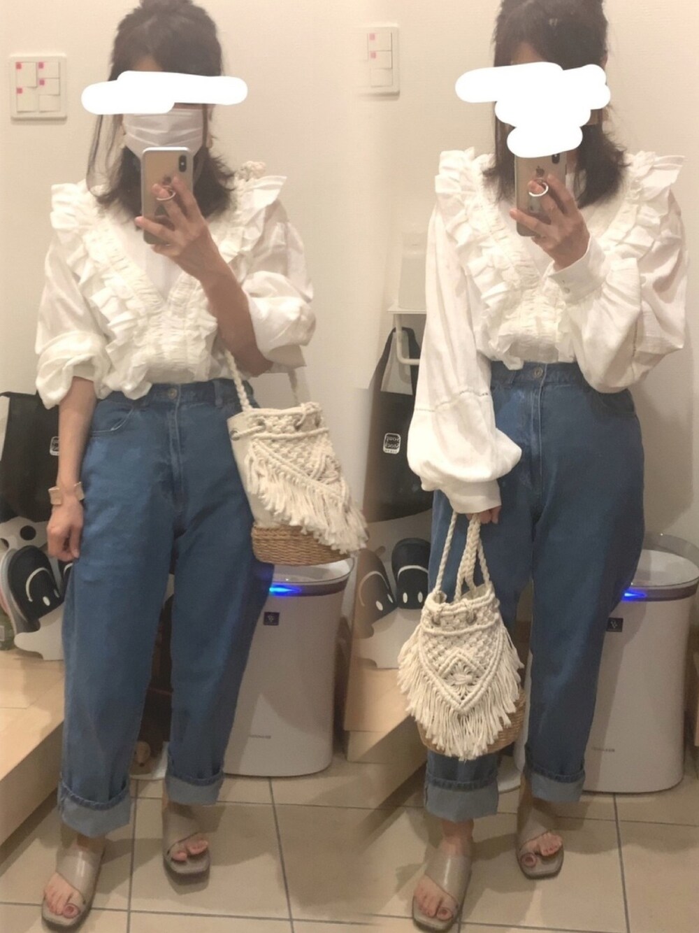 「デニム、デニムパンツ、きれいめカジュアル、カジュアル、フリルトップス、トングサンダル、マクラメ、アングリッド」｜「SENSE OF PLACE by URBAN RESEARCHの【ランドネ掲載】トウリングフラットサンダル（サンダル、ベージュ系）」を使った、こたつんさん（レディース・158cm）の夏コーディネートの1枚目の写真