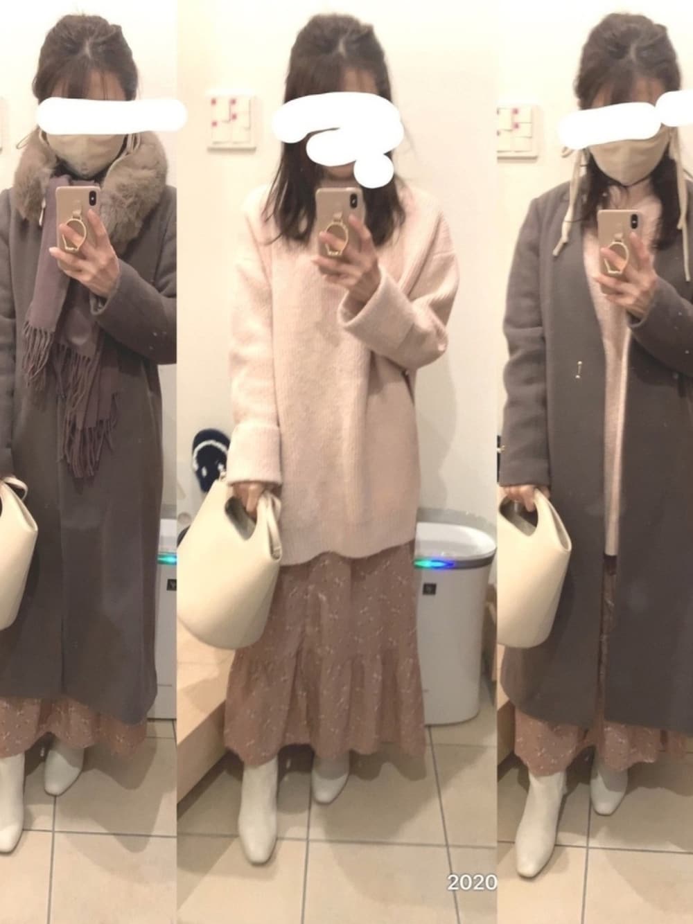 「花柄ワンピース、ワンピース、ショートブーツ、ニット、オーバーサイズニット、オーバーサイズ、ノーカラーコート、ブーツ、ガーリー」｜「BEAUTY&YOUTH UNITED ARROWSのBY∴ レザーバックジップ ミドルブーツ（ブーツ、ホワイト系）」を使った、こたつんさん（レディース・158cm）の秋コーディネートの1枚目の写真