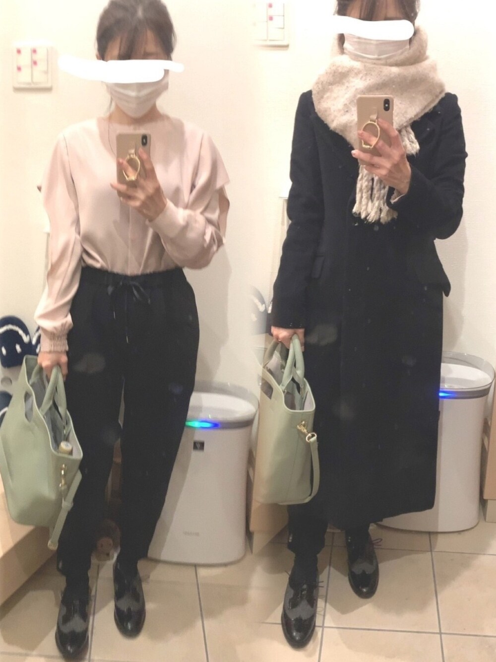「ロングコート、テーパードパンツ、ブラウス、マニッシュシューズ、トートバッグ、マニッシュ、きれいめコーディネート、オフィススタイル」｜「LE VERNISのLe Vernis/MANY MANY WAY BAG（ショルダーバッグ、グリーン系）」を使った、こたつんさん（レディース・158cm）の冬コーディネートの1枚目の写真