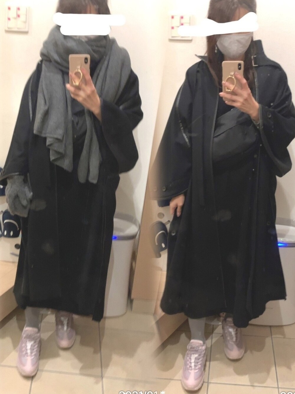 「エアマックス、パワショル、ワンピース、ワンピース×スニーカー、モノトーン、ウエストポーチ、ポンチョ、ブラック」｜「NIKEのNIKE ナイキ WMNS AIR MAX 95 ウィメンズ エア マックス 95 CI3710-600 BARELY ROSE/PLUM CHALK-SILVER LILAC（スニーカー、ピンク系）」を使った、こたつんさん（レディース・158cm）の冬コーディネートの1枚目の写真
