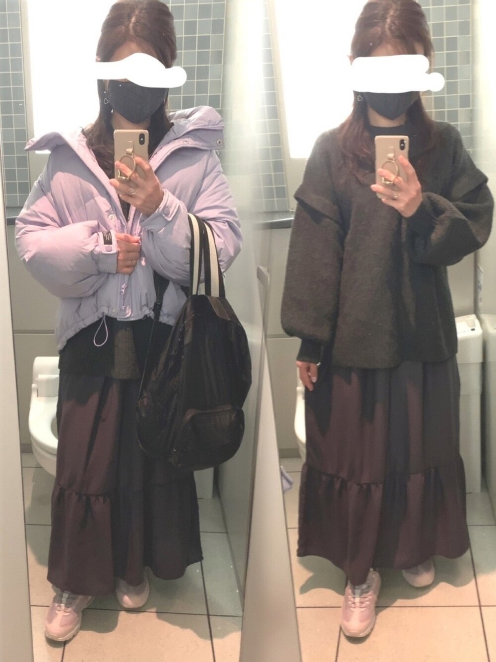 「ワンピース×スニーカー、ワンピース、ティアードワンピース、グレー、ダウンジャケット、ダウンマフラー、エアマックス」｜「NIKEのNIKE ナイキ WMNS AIR MAX 95 ウィメンズ エア マックス 95 CI3710-600 BARELY ROSE/PLUM CHALK-SILVER LILAC（スニーカー、ピンク系）」を使った、こたつんさん（レディース・158cm）の冬コーディネートの1枚目の写真