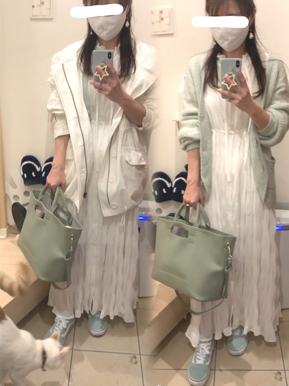 「パステル映える春、グリーン、ワッシャーワンピース、ワンピース カーディガン、ワンピース、ワンピース×スニーカー、モッズコート、2色コーデ、春コーデ、バンズ」｜「VANSのVANS/ヴァンズ  OLD SKOOL オールドスクール スニーカー VN0A4BV5T（スニーカー、ブルー系）」を使った、こたつんさん（レディース・158cm）の春コーディネートの1枚目の写真