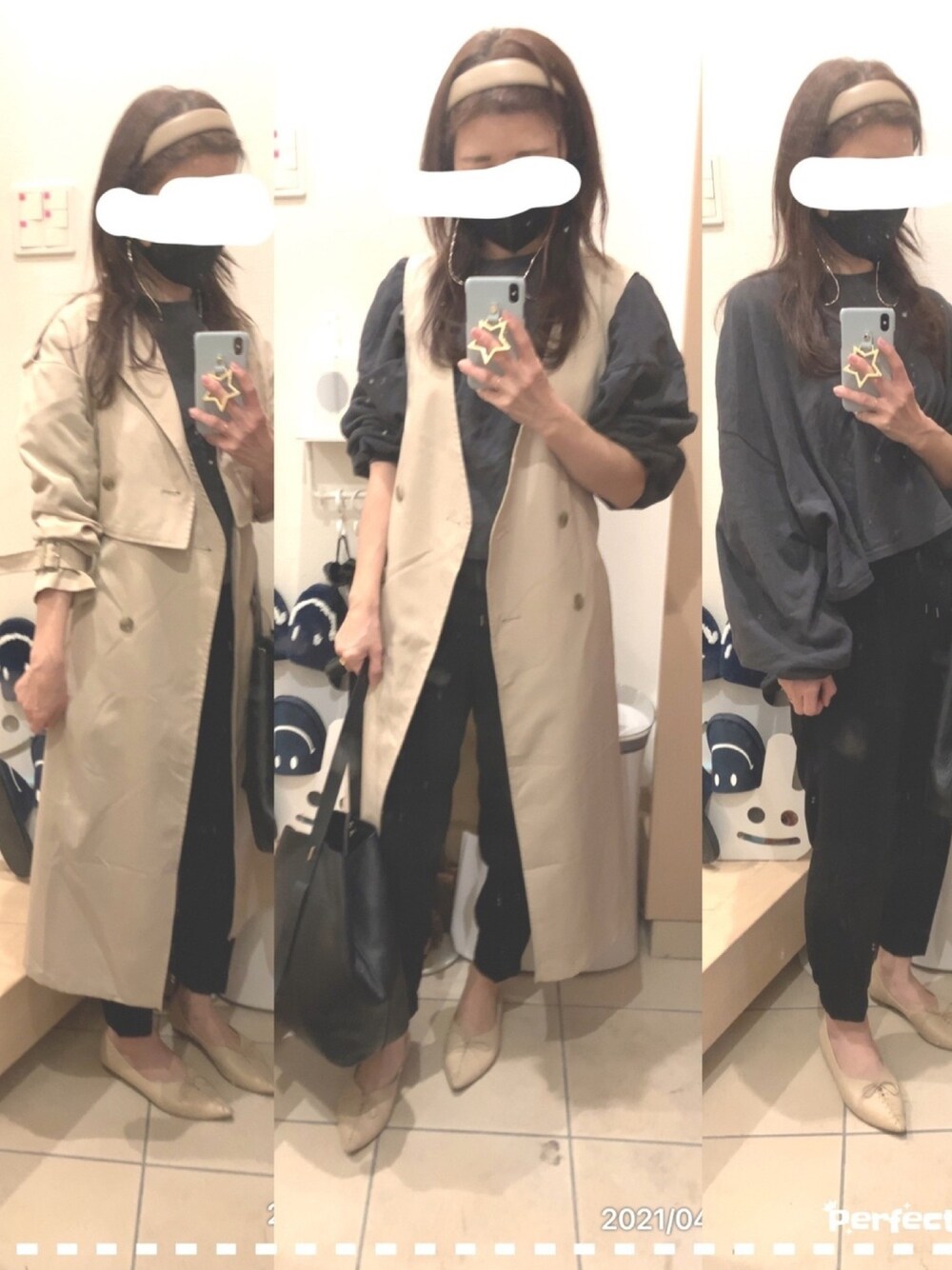「ジレンチ、トレンチコート、トレンチベスト、テーパードパンツ、スウェット、ラクチンコーデ、きれいめカジュアル、カチューシャ、しまむら」｜「ODETTE E ODILEのOID レースアップ FLT15（パンプス、ベージュ系）」を使った、こたつんさん（レディース・158cm）の春コーディネートの1枚目の写真