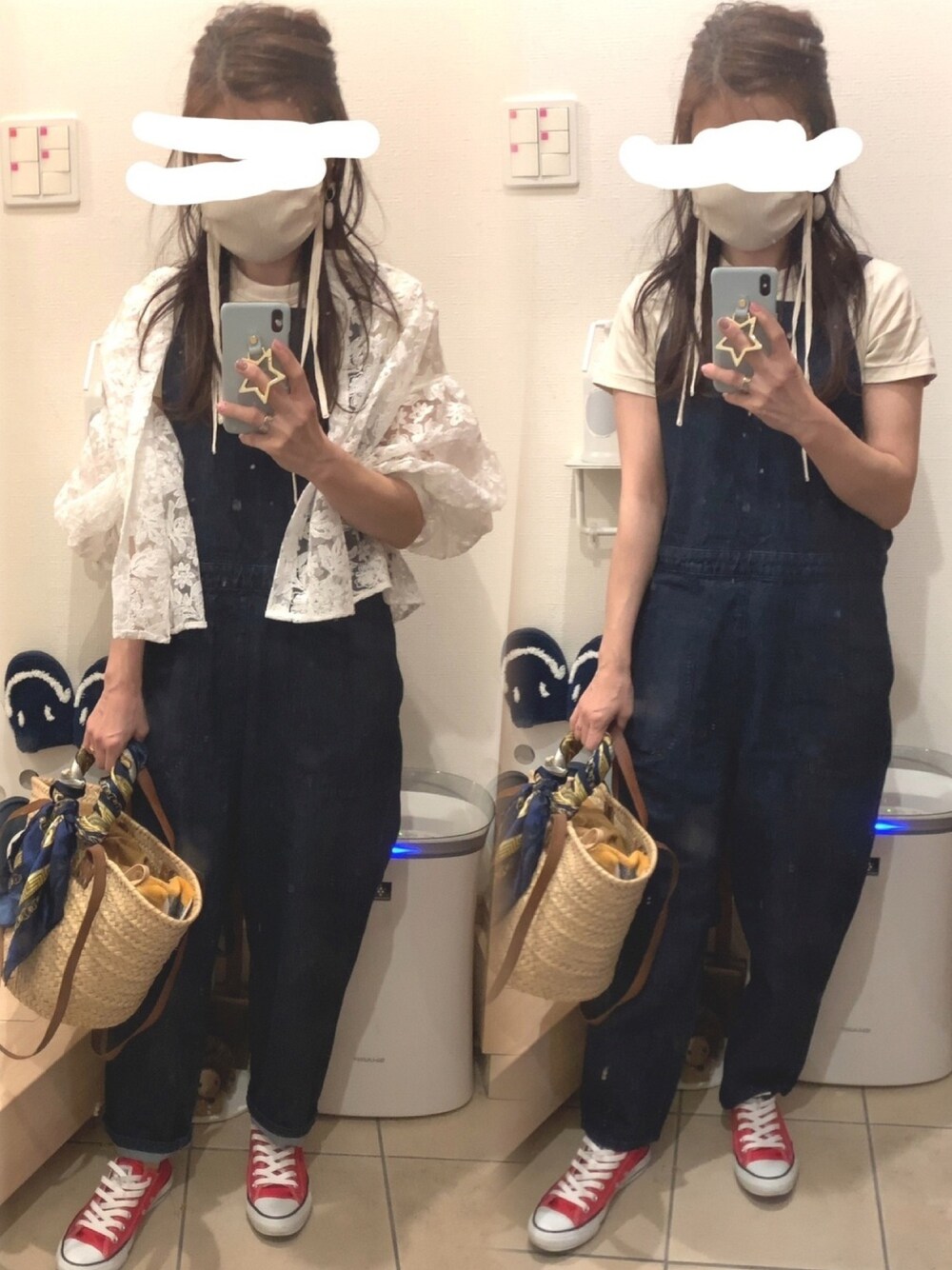 レッド系のスニーカー、ベージュ系のかごバッグ、ブルー系のサロペット/オーバーオールを着用したレディースの夏コーディネートの1枚目の写真