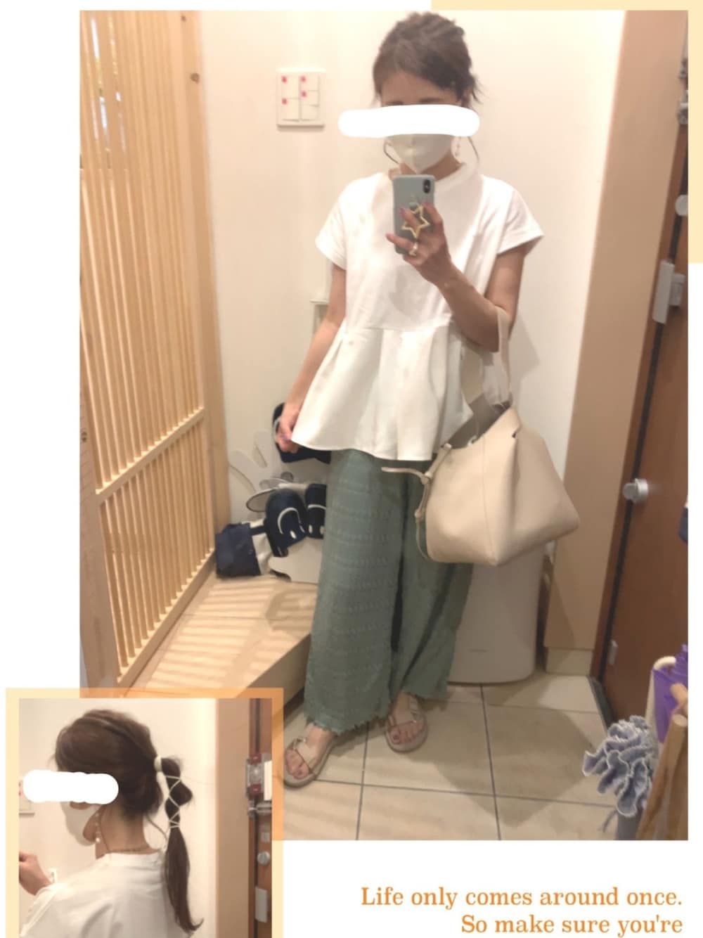 「パンツスタイル、ラクチンコーデ、らくちんパンツ、ぺプラムトップス、ぺプラム、スポーツサンダル、Tシャツ、カジュアル、らくちん」｜「menueのシンプル ベルクロ スポーツサンダル（サンダル、ピンク系）」を使った、こたつんさん（レディース・158cm）の夏コーディネートの1枚目の写真