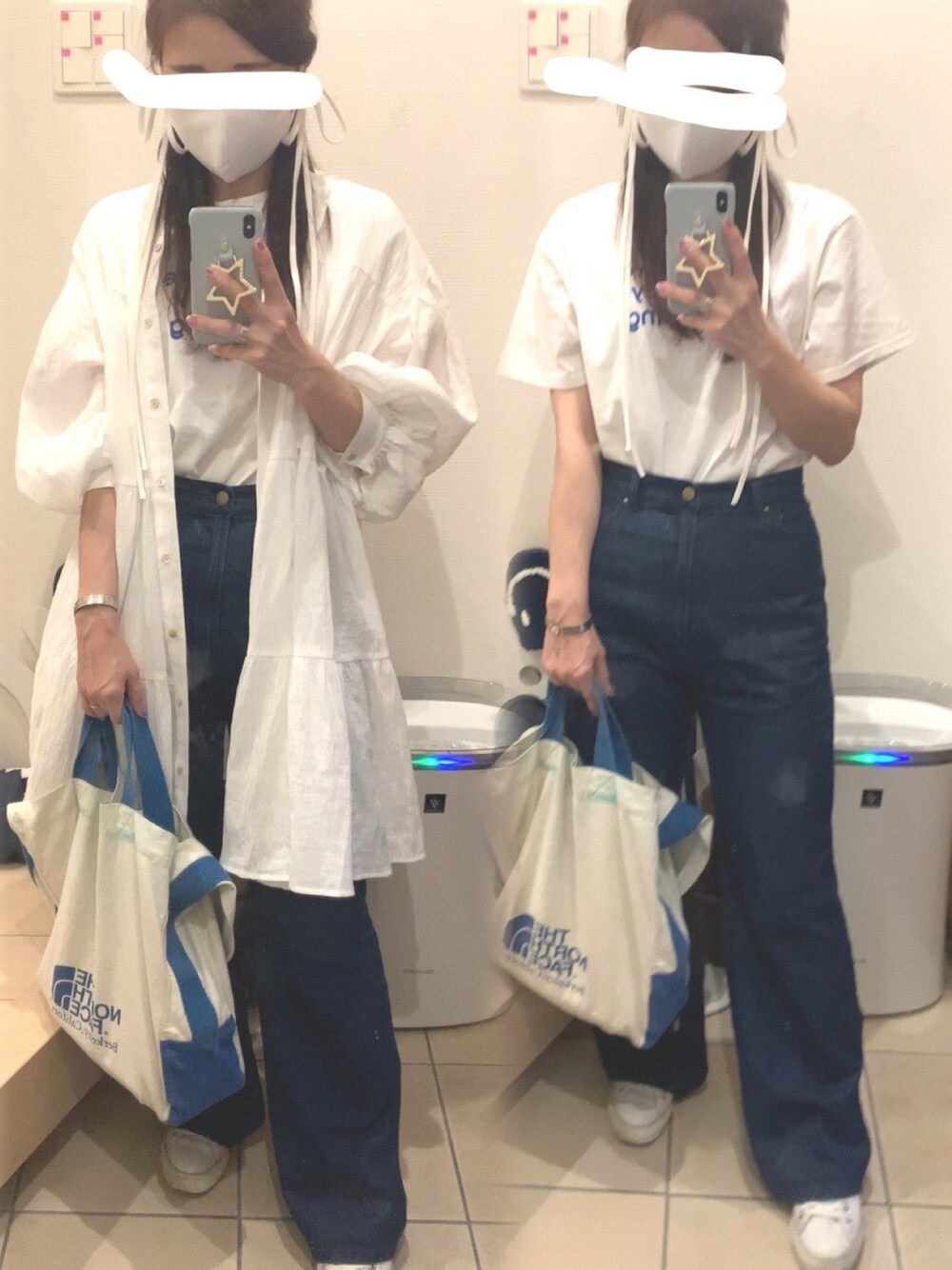 「デニム、フレアパンツ、フォトT、ティアードワンピース、コンバース オールスター、スニーカー、カジュアル、カジュアルコーデ、デニムパンツ」｜「THE NORTH FACEのザ･ノース･フェイス オーガニックコットンショルダートート / フレアマーケットトート（トートバッグ、ブルー系）」を使った、こたつんさん（レディース・158cm）の夏コーディネートの1枚目の写真