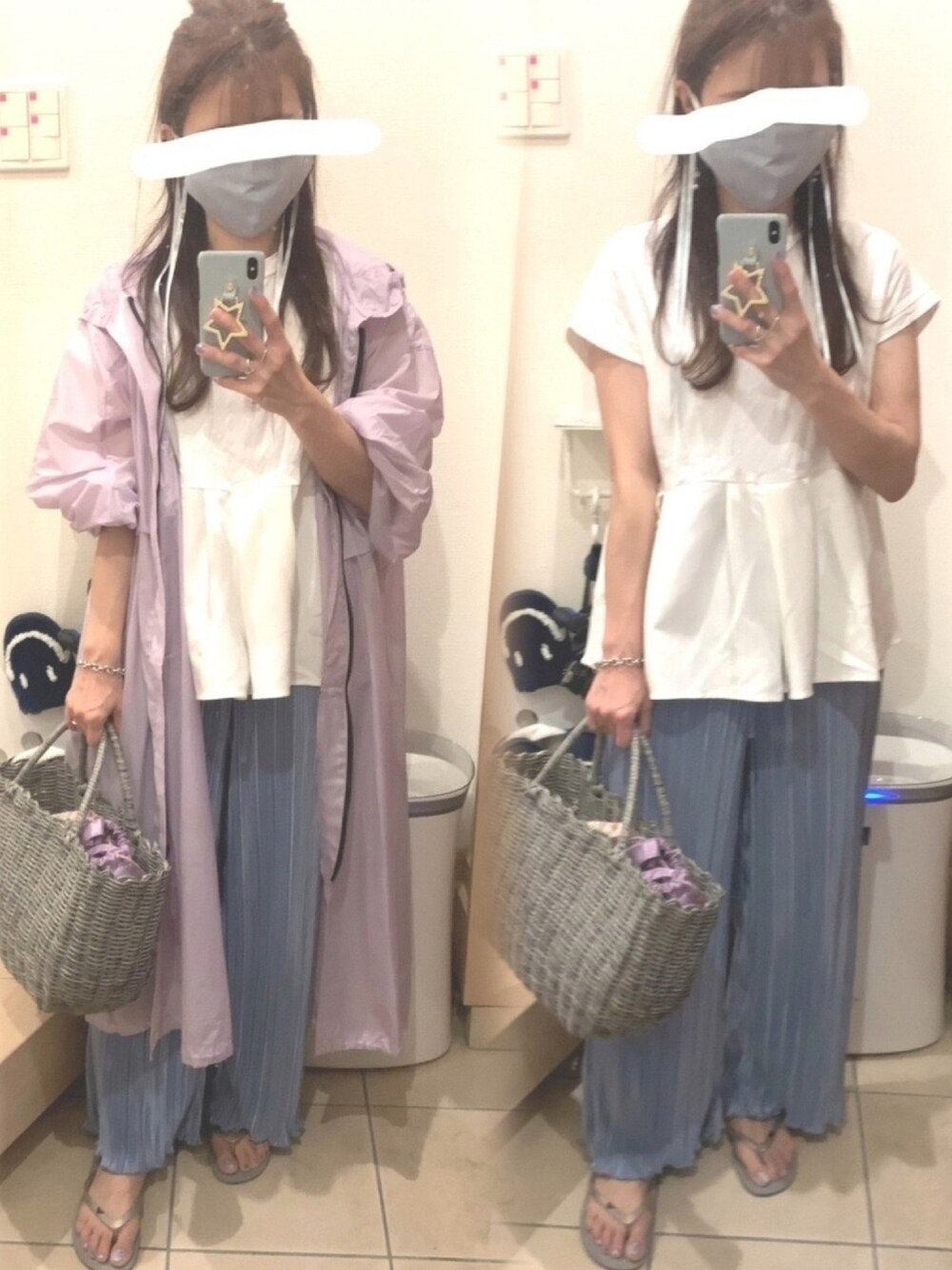 「プリーツパンツ、ビーチサンダル、ぺプラムトップス、Tシャツ、パンツスタイル、レインコート、かごバッグ、きれいめカジュアル、雨の日コーデ、チェーン」｜「Wpc.のWpc./別注シアーフレアモッズコート（モッズコート、パープル系）」を使った、こたつんさん（レディース・158cm）の夏コーディネートの1枚目の写真