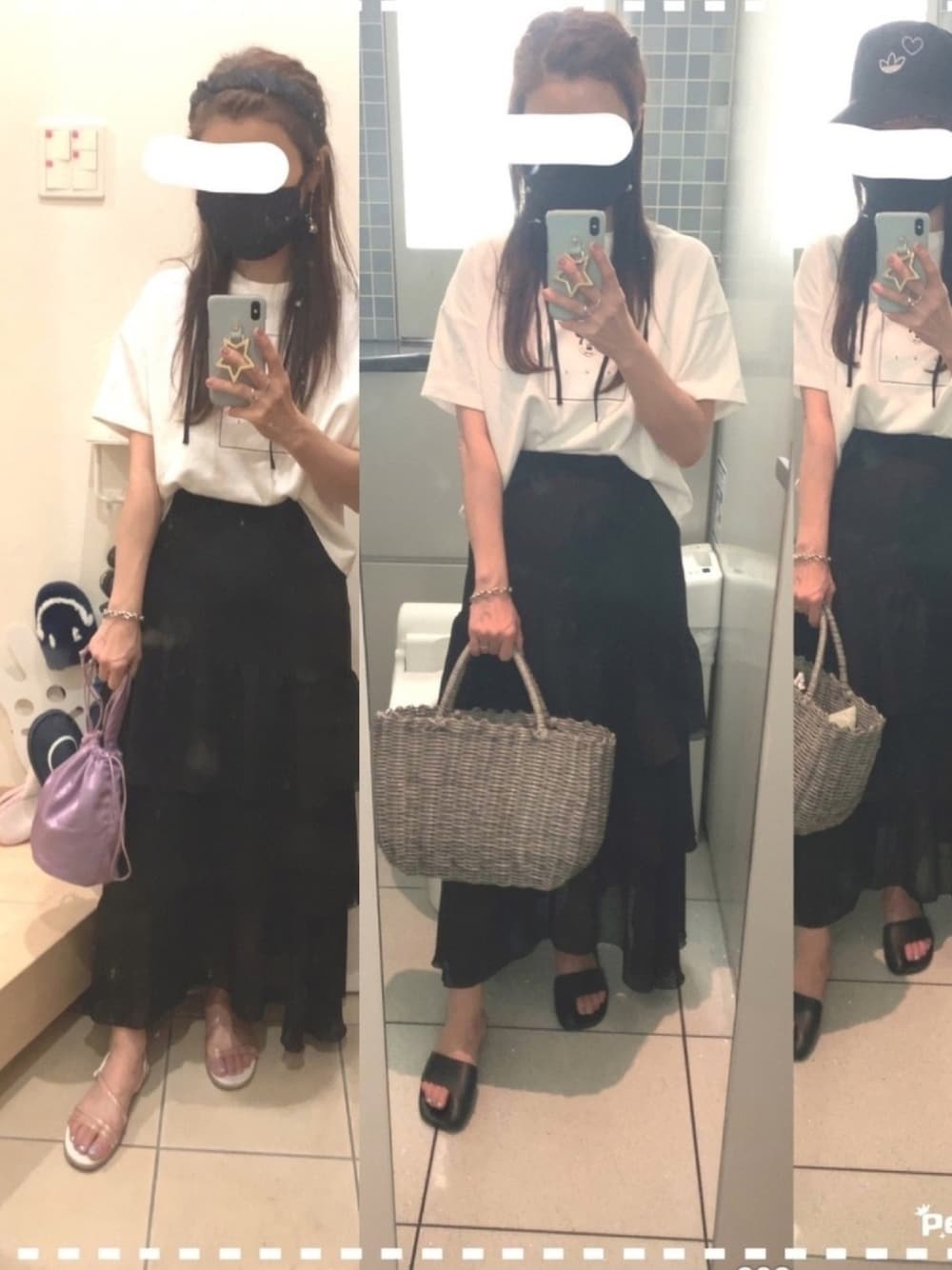 「ティアードスカート、ミッキーT、タビサンダル、サンダル、モノトーン、かごバッグ、巾着バッグ、チェーン、Tシャツ」｜「BEAUTY&YOUTH UNITED ARROWSの＜TILLETT＞レザートングスクエアサンダル ◆（サンダル、ブラック系）」を使った、こたつんさん（レディース・158cm）の夏コーディネートの1枚目の写真