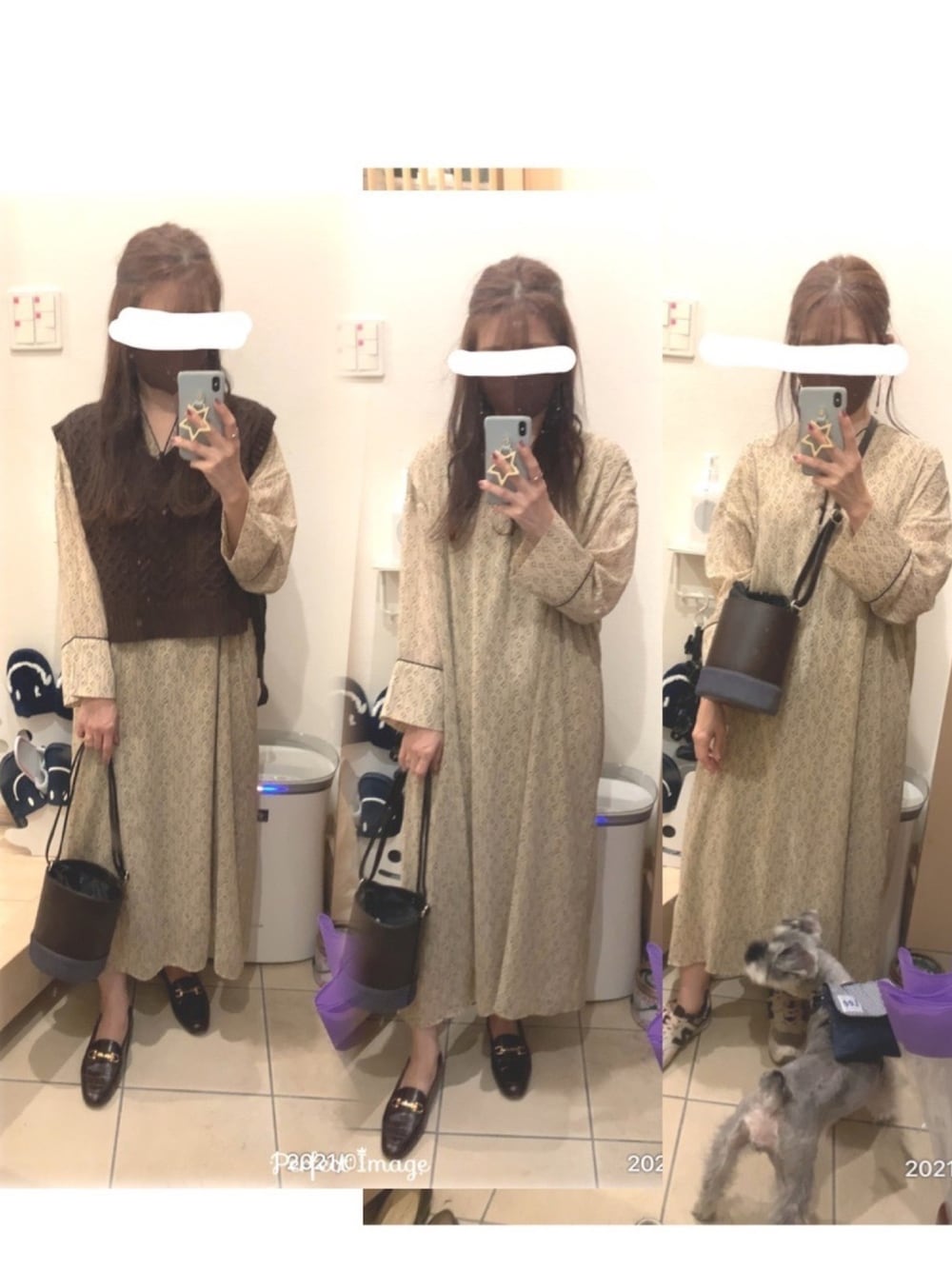 「秋服準備はじめました、秋カラー、秋のコーデ、大人ガーリー、ベスト、ローファー、ビットローファー、ワンピース、ブラウン、しまむら」｜「ODETTE E ODILEのOID ビットローファー FLT15↓↑（ローファー、ブラウン系）」を使った、こたつんさん（レディース・158cm）の秋コーディネートの1枚目の写真