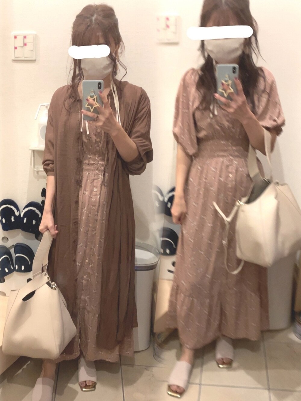 「ベージュ、ガーリー、ブラウン、花柄ワンピース、ミュール、パフスリーブ、ガーリーコーデ、ティアードワンピース」｜「ODETTE E ODILEのOFD ストレッチミュール サンダル20（サンダル、ホワイト系）」を使った、こたつんさん（レディース・158cm）の秋コーディネートの1枚目の写真