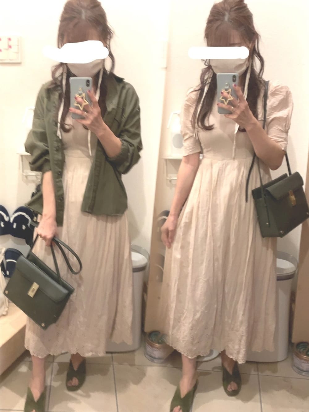 「ワンピース、ベージュ、秋のコーデ、秋色、カーキ、サンダル、カーキアウター、カーキシャツ、パワショル」｜「KhajuのFABIO RUSCONI:ヒールサンダル（サンダル、グリーン系）」を使った、こたつんさん（レディース・158cm）の秋コーディネートの1枚目の写真