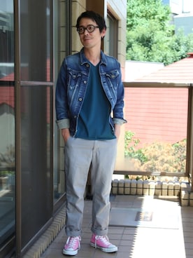 「FACTOTUM（ファクトタム）のアイテム（デニムジャケット）」を使った、ShikouHiwatashiさん（メンズ・170cm）の夏コーディネート