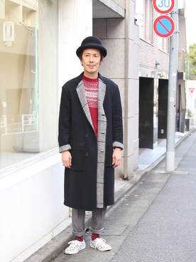 「FACTOTUM（ファクトタム）のアイテム（チェスターコート）」を使った、ShikouHiwatashiさん（メンズ・170cm）の秋コーディネート